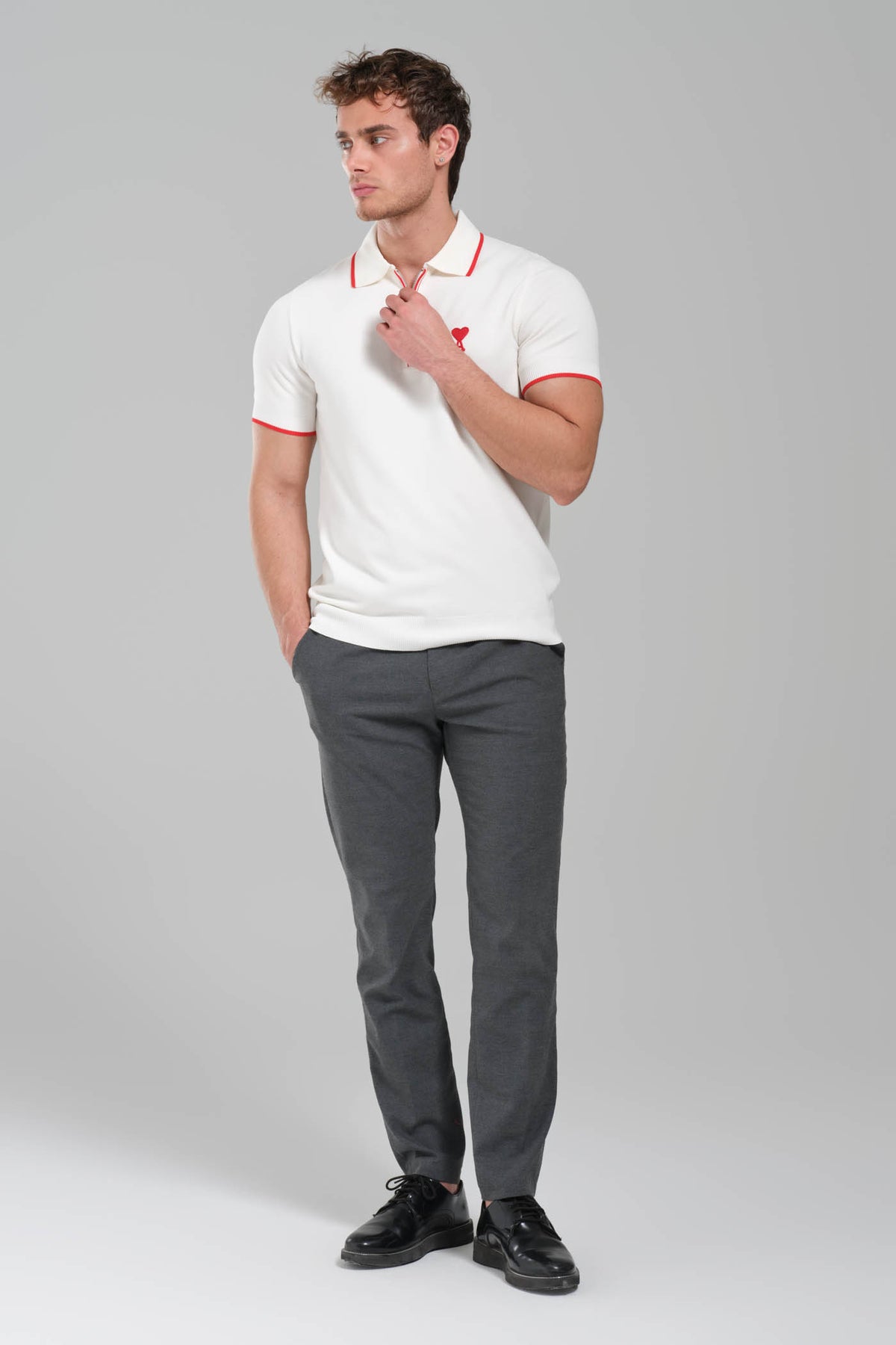 AMI Paris Ami de Coeur Zip Knit Polo Shirt – White